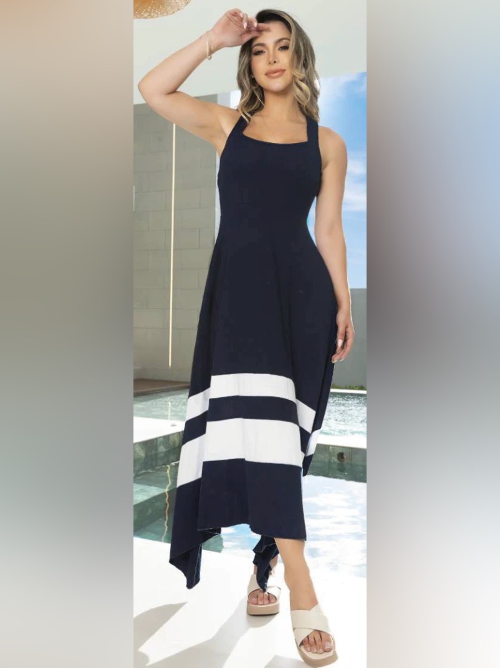 VENUS Navy Asymmetrical Hem Midi Sundress Women's Medium Crisscross Back